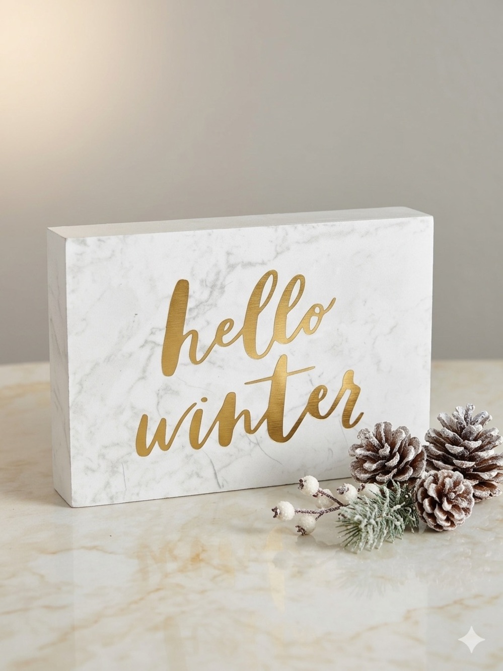 "Hello Winter" Faux Marble Block Decor – Brand New